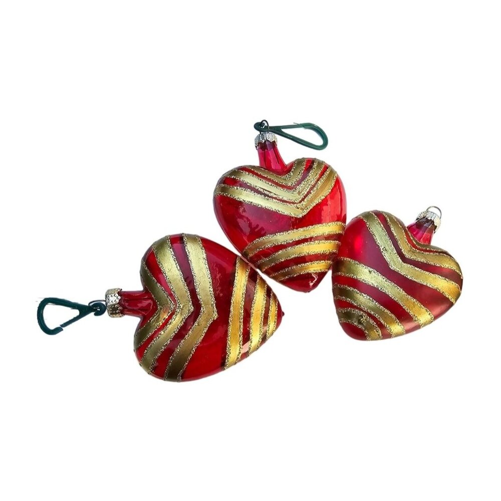 Set Of‎ 3 Red & Gold Heart-Shaped Christmas Tree Ornaments With Glitter Stripes